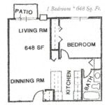 Floor plan for 1 bed, 1 bath, 621 sqft